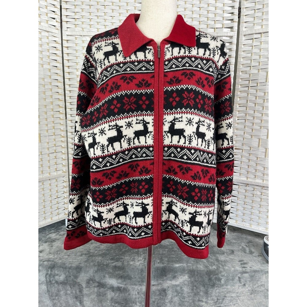 Vintage Croft & Barrow Reindeer Fair Isle Zip Cardigan Sweater XL Ramie Wool